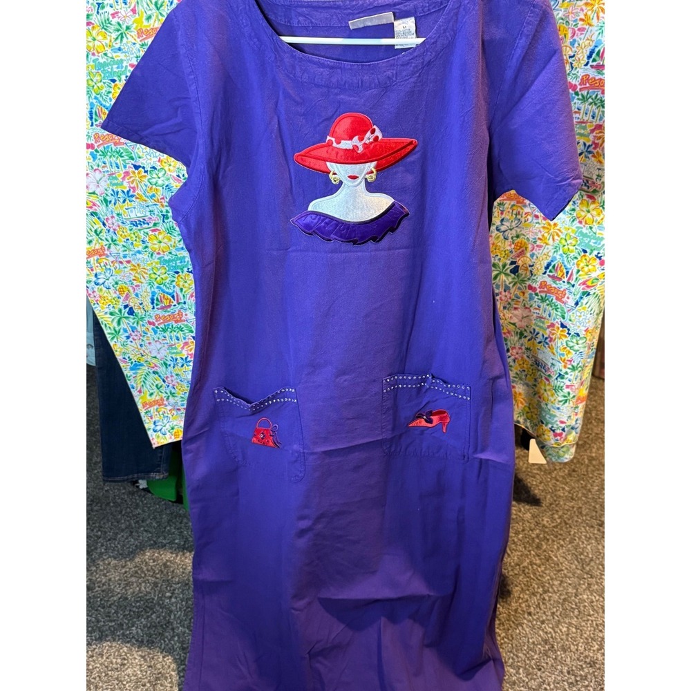 186 Get Lucky Purple Cotton Red Hat Society Embroidery Rhinestone Maxi Dress M
